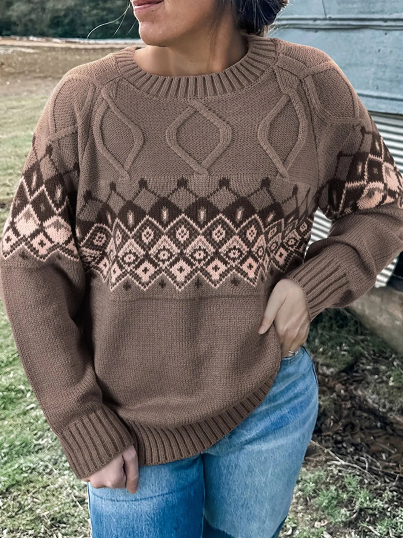 Geometric Round Neck Long Sleeve Sweater