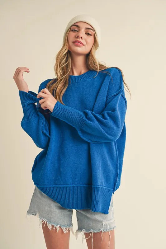Aemi+Co Ribbed Hem Side Slit Round Neck Sweater