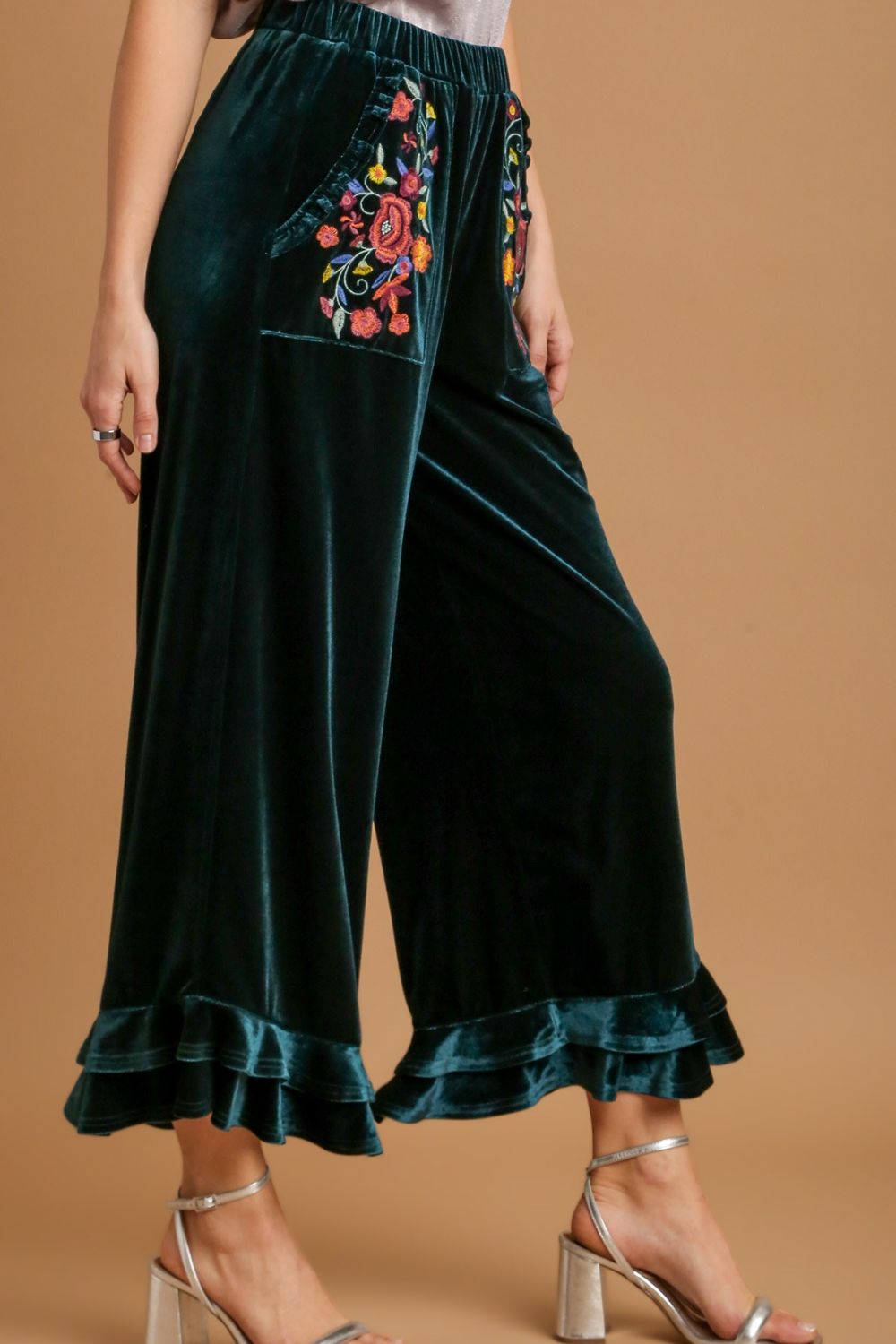 Umgee Full Size Wide Fit Ruffle Velvet Pants with Embroidered Pockets Plus Size