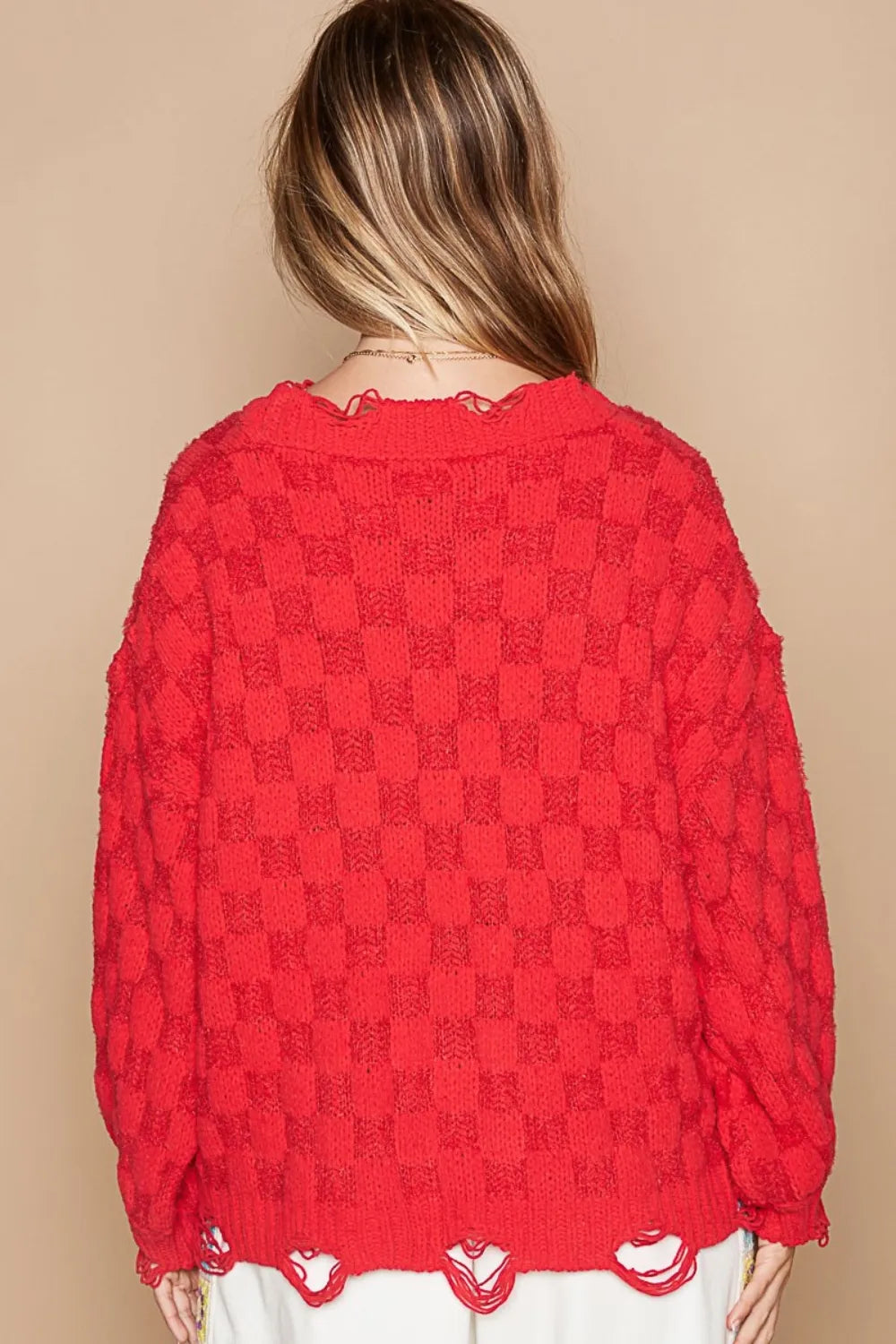 POL Checkered Distressed Edge Sweater Oversized