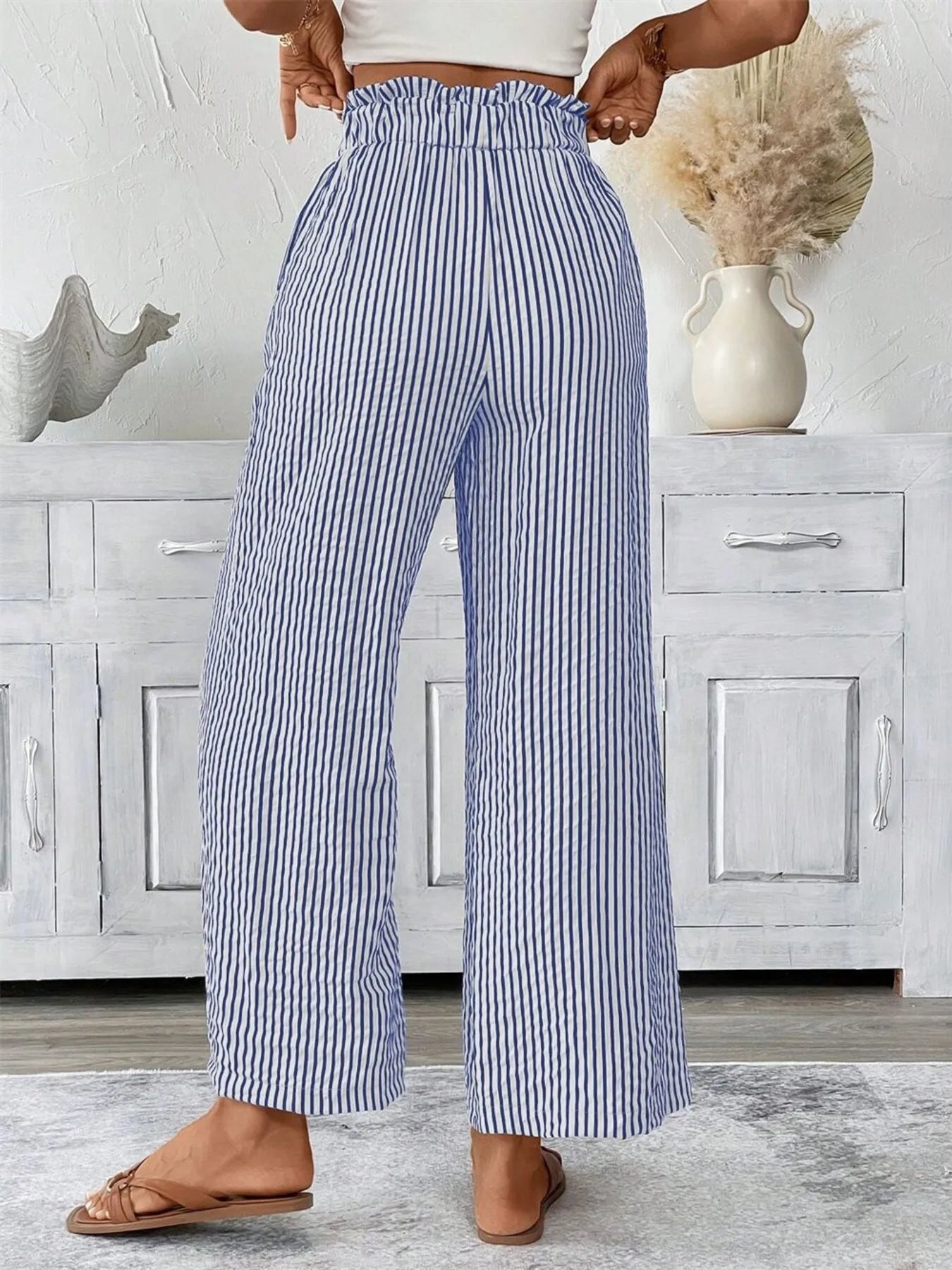 Full Size Striped Wide Leg Paper Bag Pants Plus Size