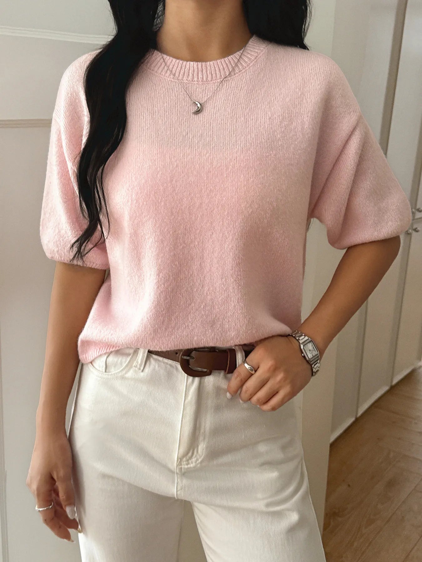Ribbed Hem Round Neck Sweater
