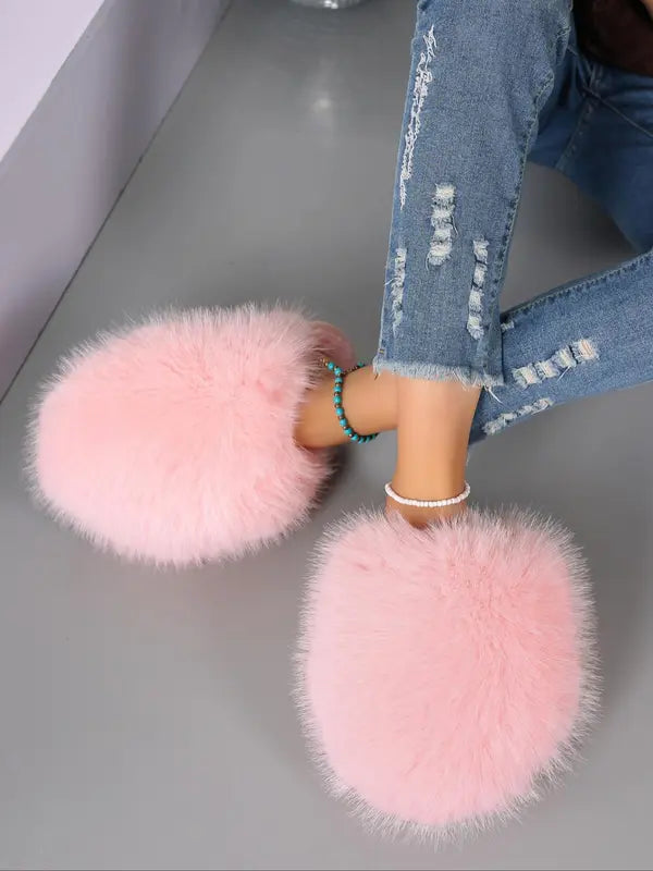 New Trendy Plush Fur Slippers, Super Cute Fashion Warm Home Shoes, Anti-Slip Thick Sole Cat-Like Feel Cotton Slippers, Christmas Gift for Girls