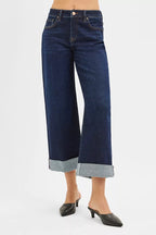 RISEN Mid Rise Fit Ankle Wide Roll Up Jeans