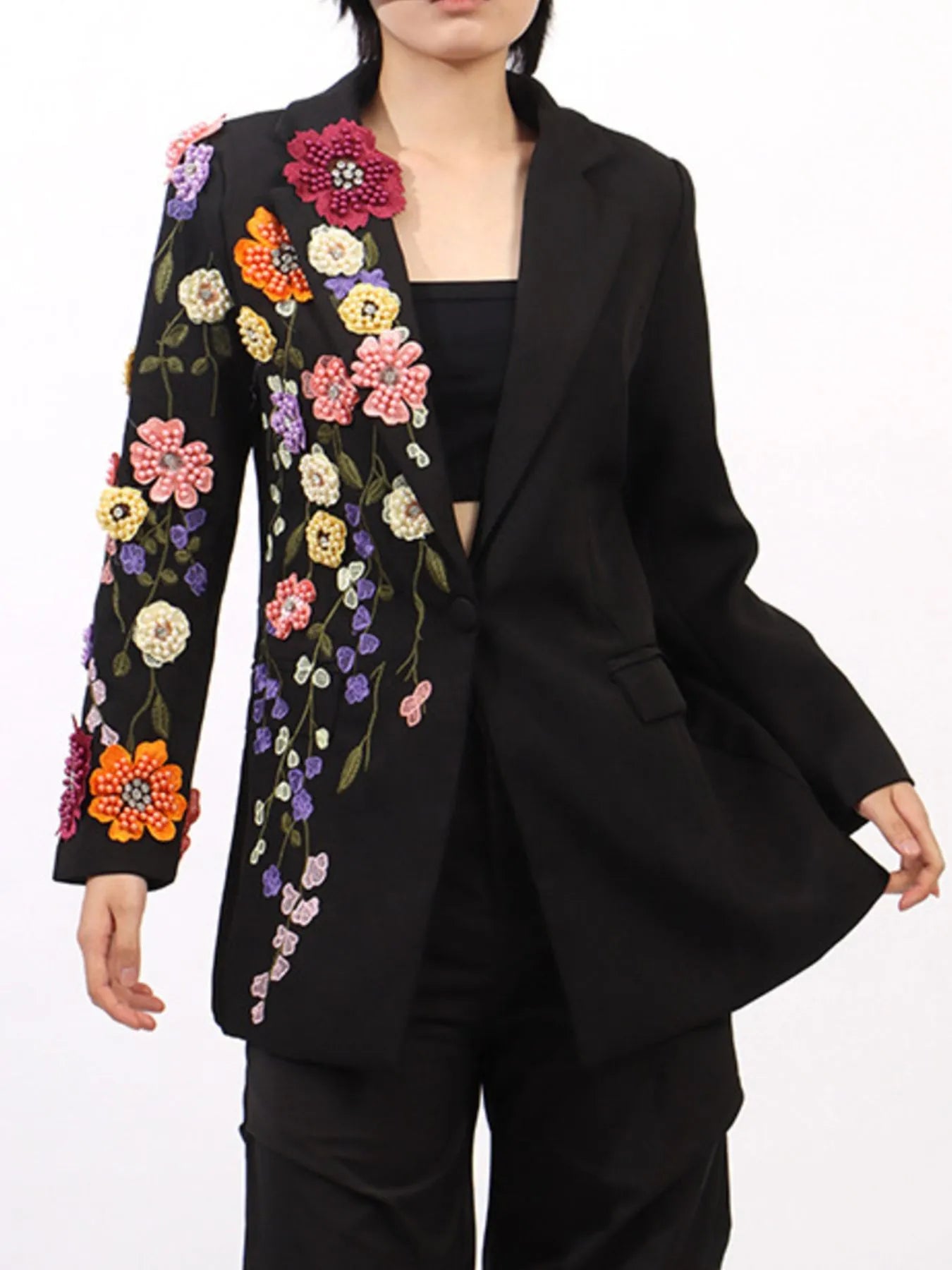 Pearl Detail Flower Lapel Collar Blazer
