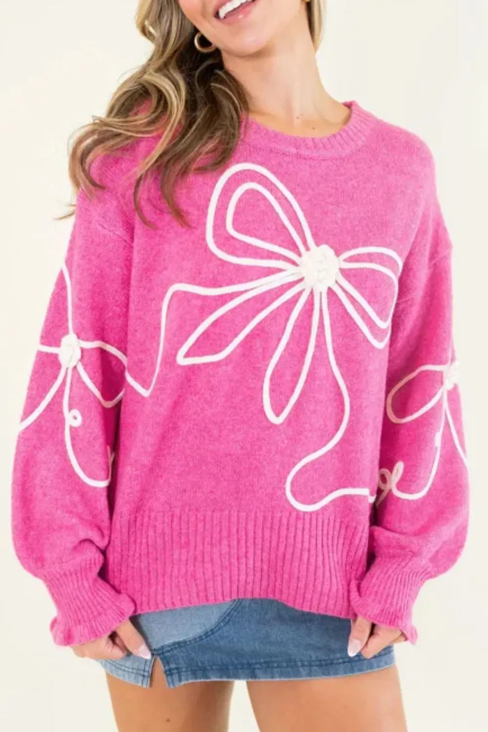 Bow Round Neck Dropped Shoulder Sweater Oversized