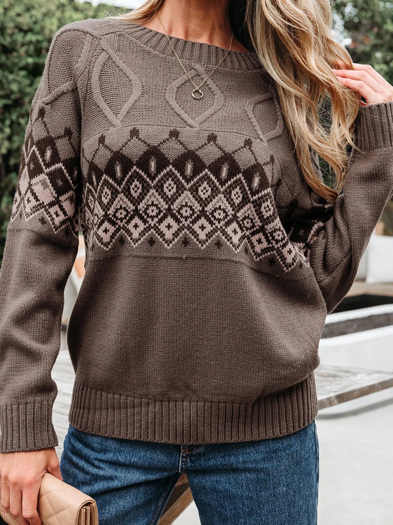 Geometric Round Neck Long Sleeve Sweater