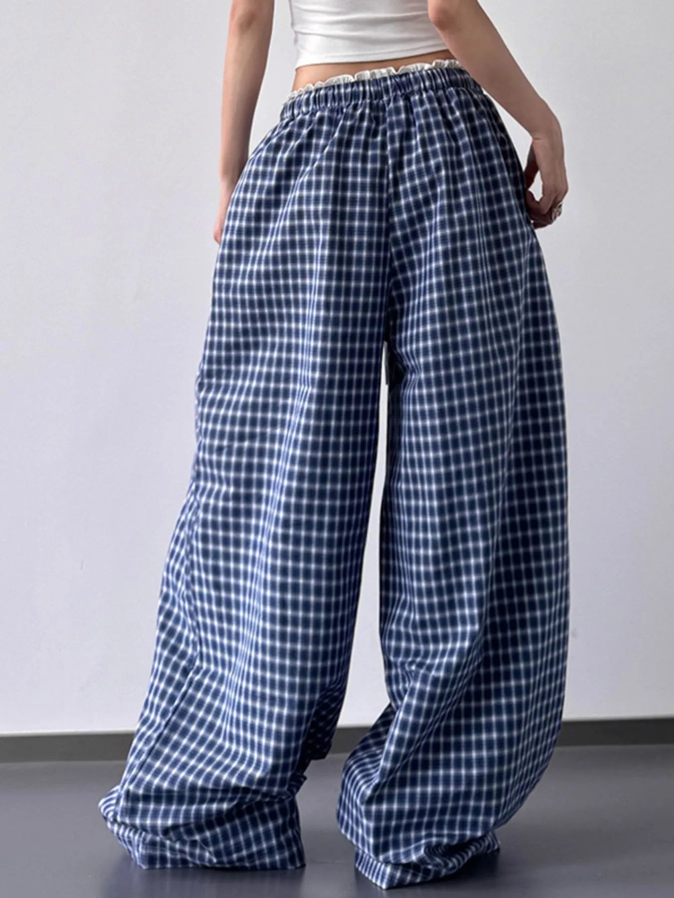 Drawstring Plaid Wide Leg Pants