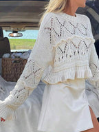 Crochet Ruffled Hem Long Sleeve Sweater