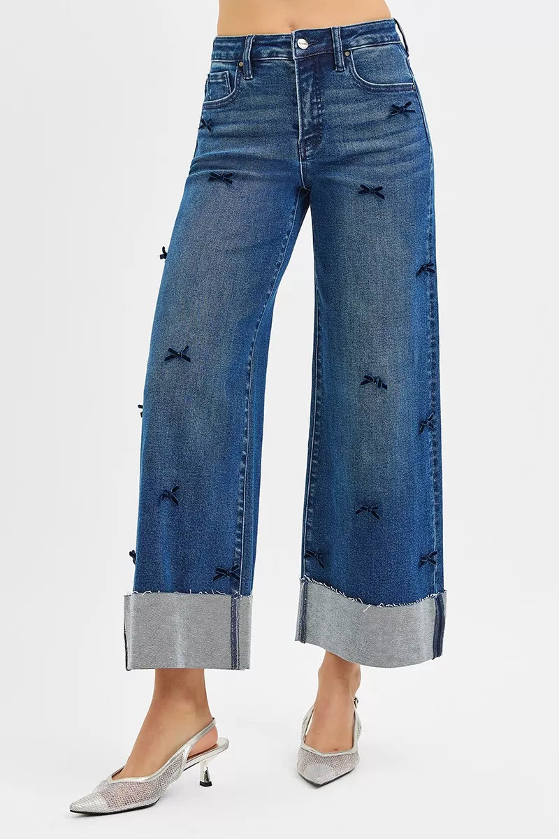 RISEN High Rise Crop Wide Leg Ribbon Detail Jeans