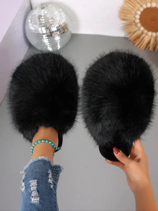 New Trendy Plush Fur Slippers, Super Cute Fashion Warm Home Shoes, Anti-Slip Thick Sole Cat-Like Feel Cotton Slippers, Christmas Gift for Girls
