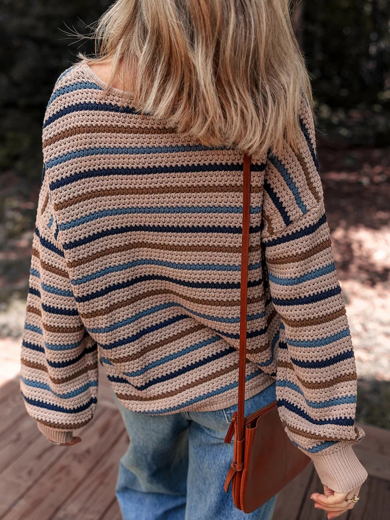 Multicolour Striped Knitted Drop Shoulder Round Neck Sweater