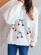 Cherry Round Neck Long Sleeve Sweater