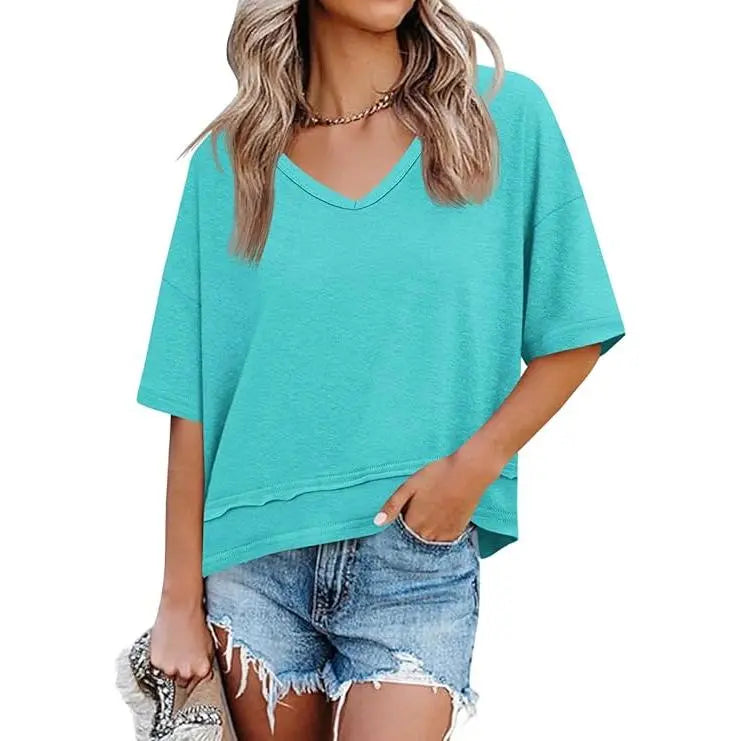 Oversize V-Neck Short Sleeve Casual Flowy Top