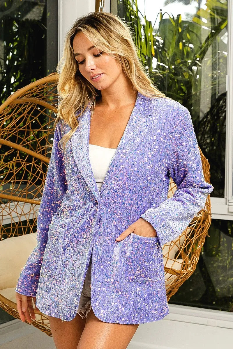 BiBi Velvet Sequins Patch Pockets Single Blazer