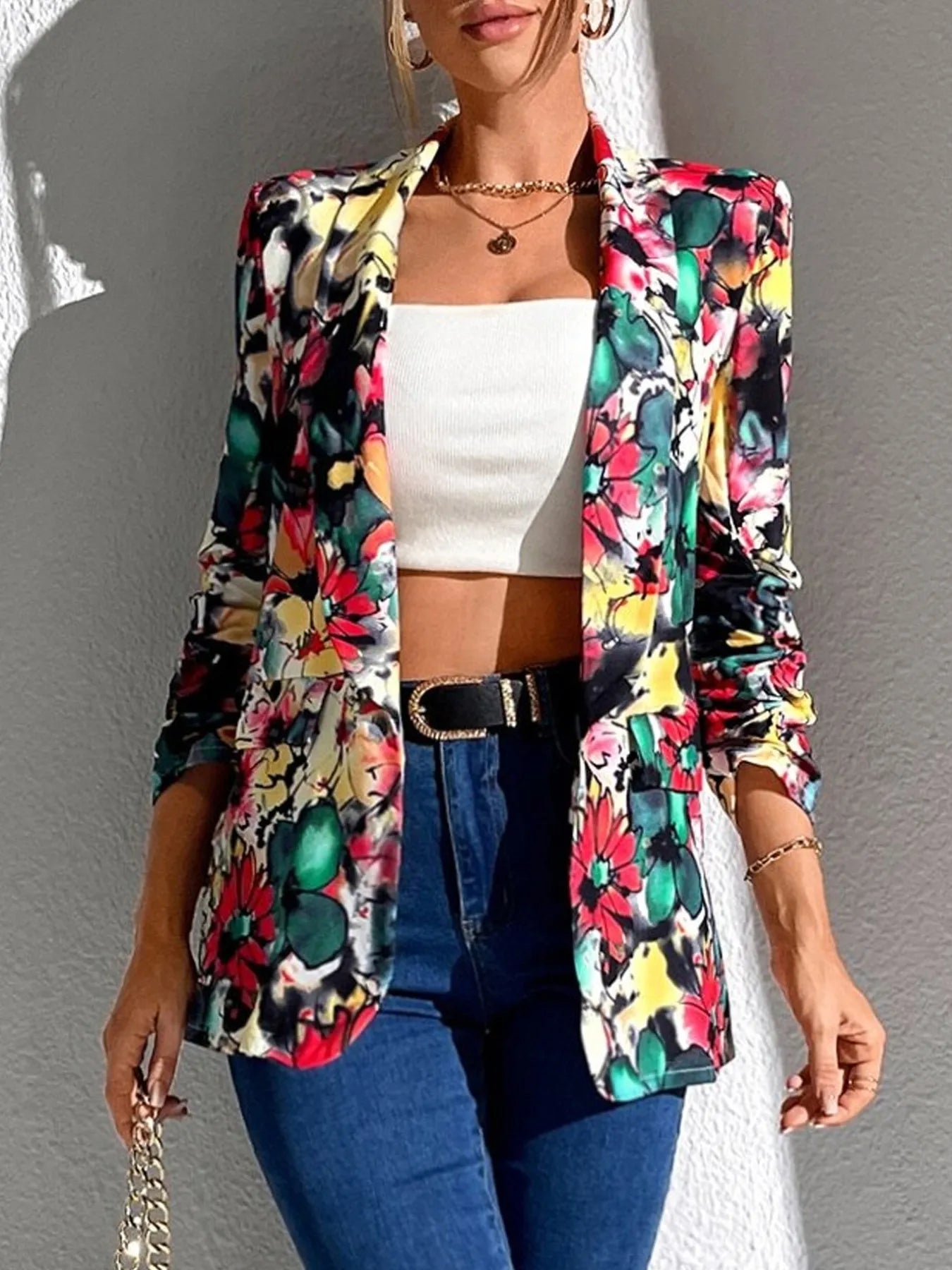 Vibrant Floral Print Open Front Blazer
