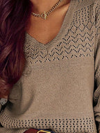 Eyelet Deatil V-Neck Long Sleeve Sweater