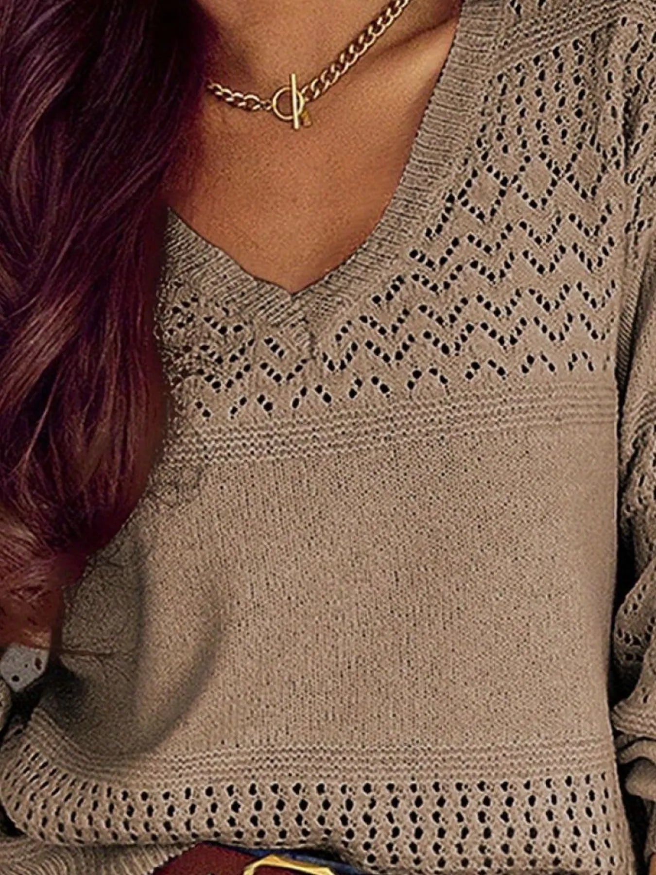 Eyelet Deatil V-Neck Long Sleeve Sweater
