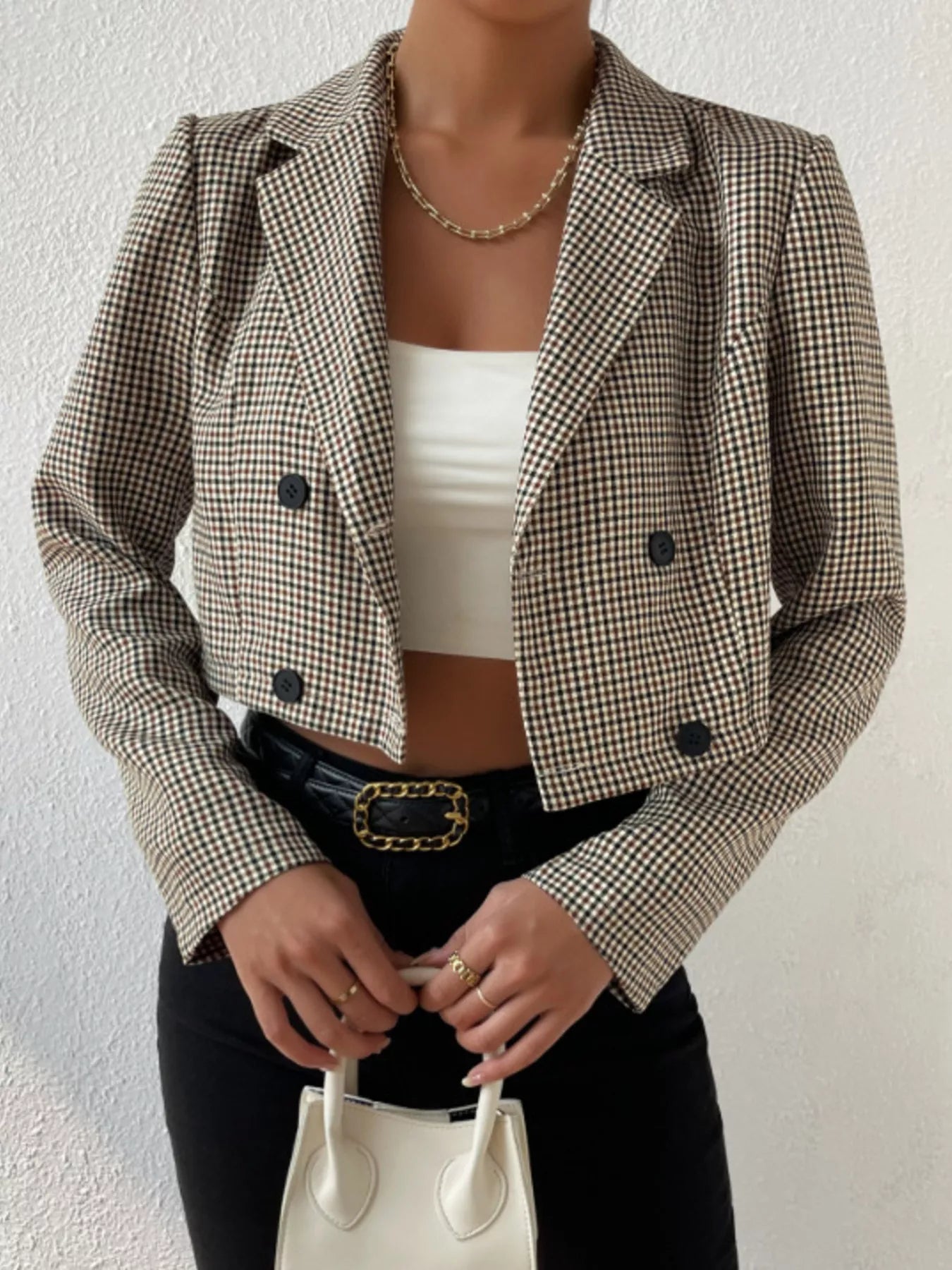 Plaid Lapel Collar Cropped Blazer