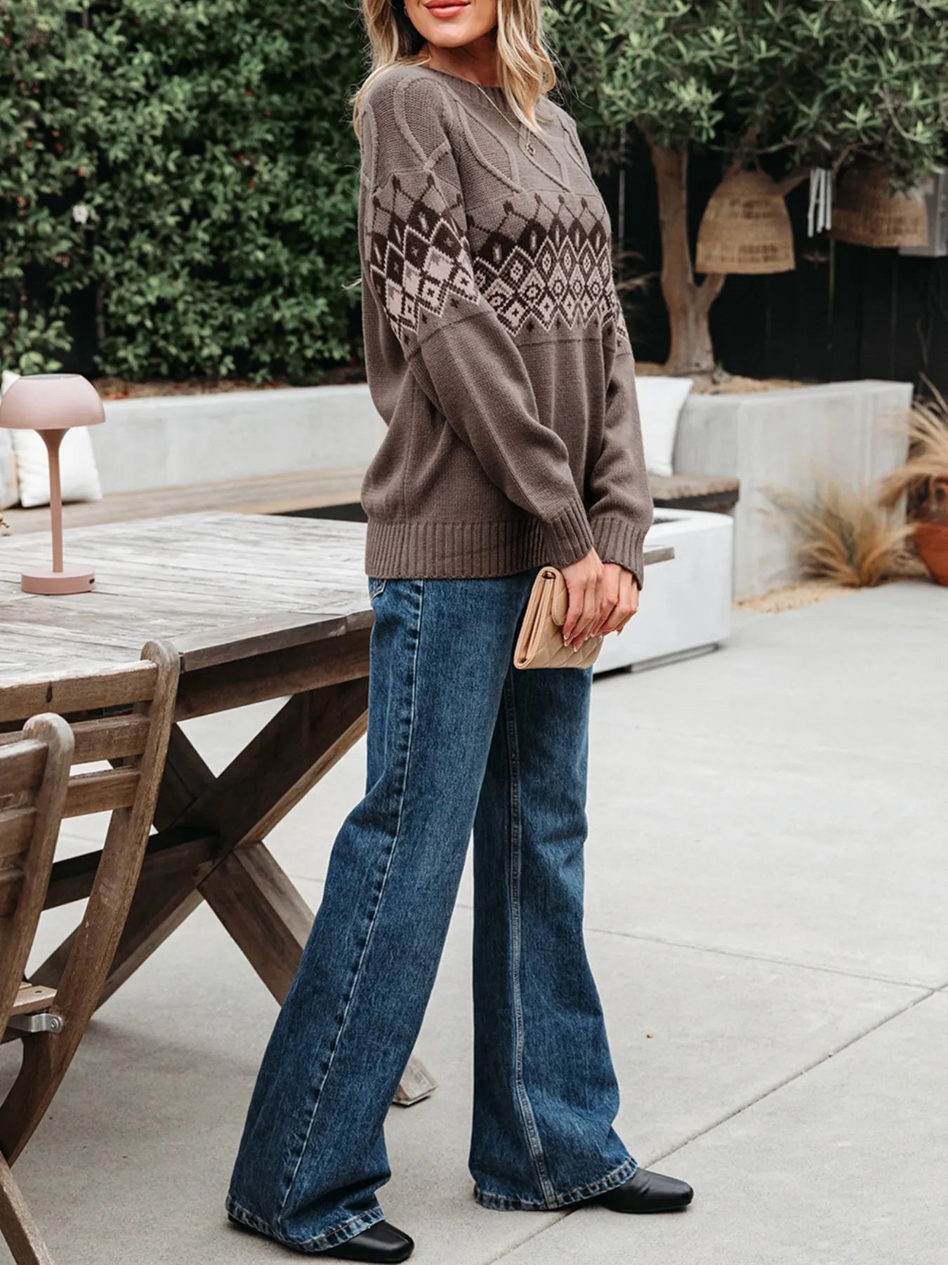 Geometric Round Neck Long Sleeve Sweater