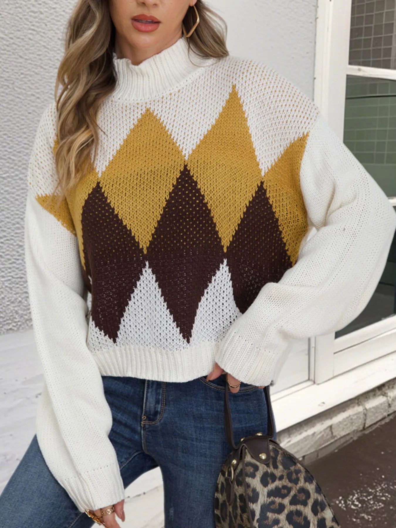 Diamond Pattern Turtleneck Sweater