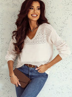 Eyelet Deatil V-Neck Long Sleeve Sweater