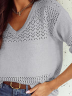 Eyelet Deatil V-Neck Long Sleeve Sweater