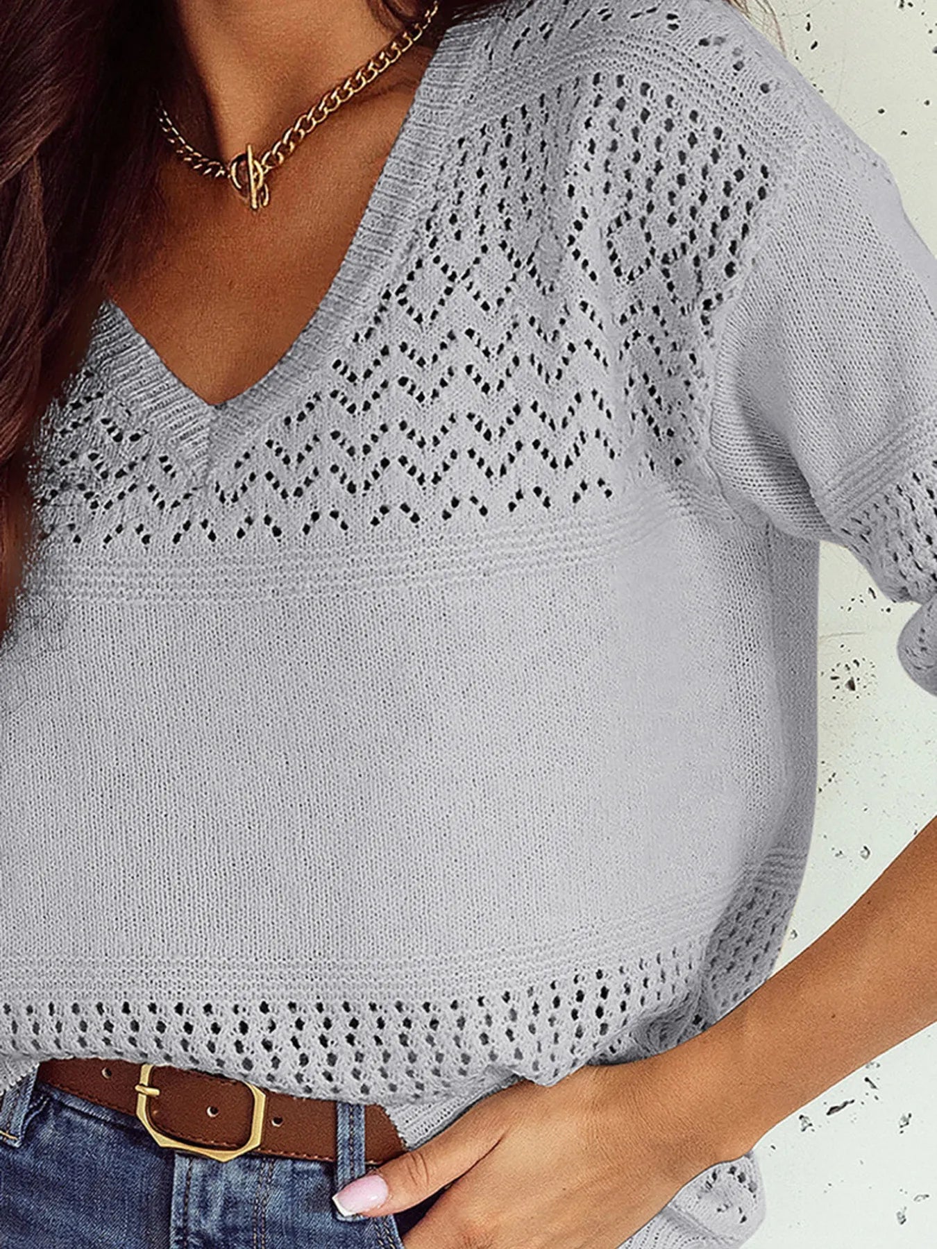 Eyelet Deatil V-Neck Long Sleeve Sweater