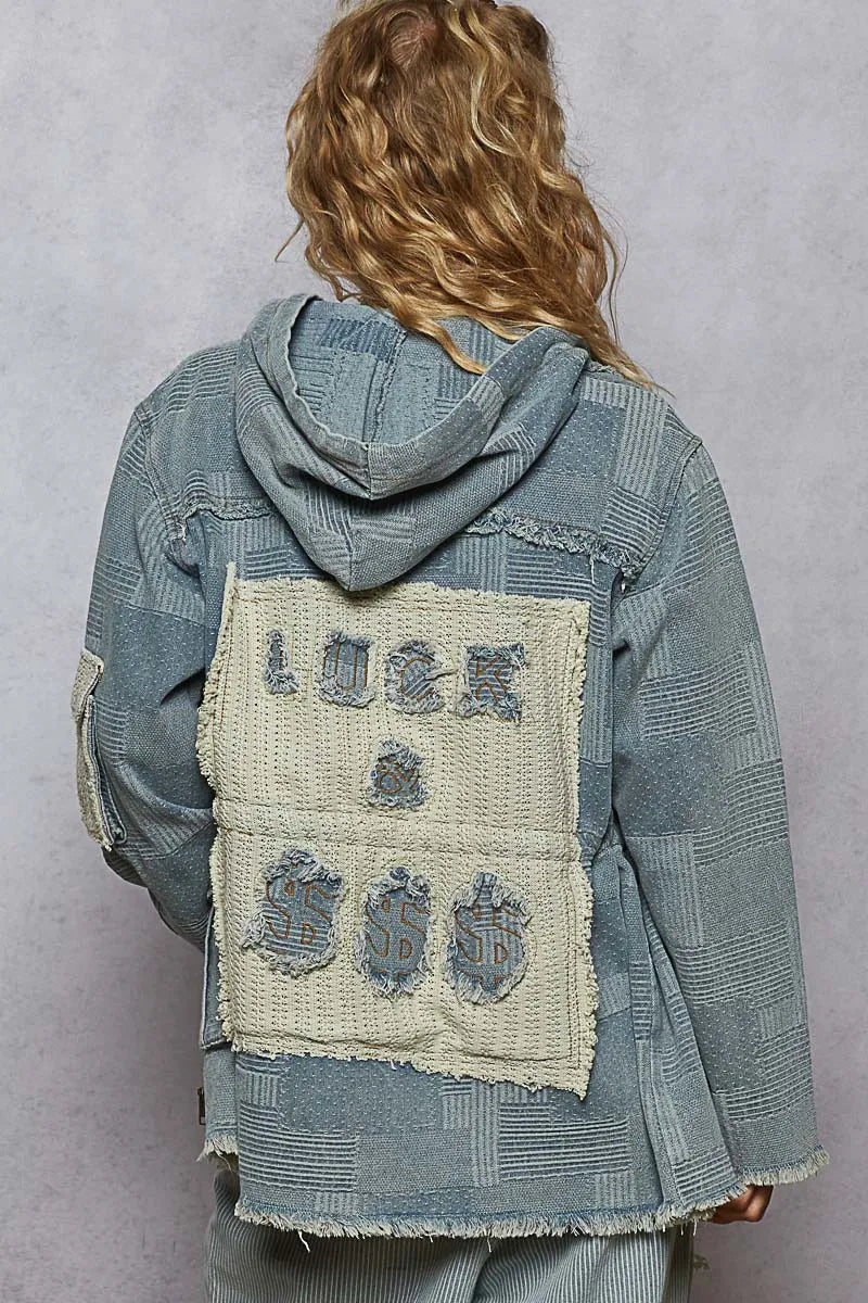 POL Raw Hem Drawstring Zip Up Hooded Denim Jacket