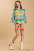 Umgee Full Size Color Block Cable Knit Sweater with Pom Pom Plus Size