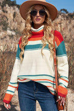 Contrast Striped Turtleneck Dropped Shoulder Sweater