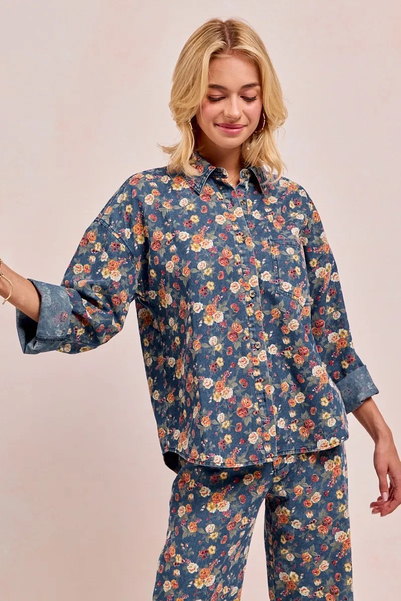 BiBi Washed Floral Print Denim Jacket