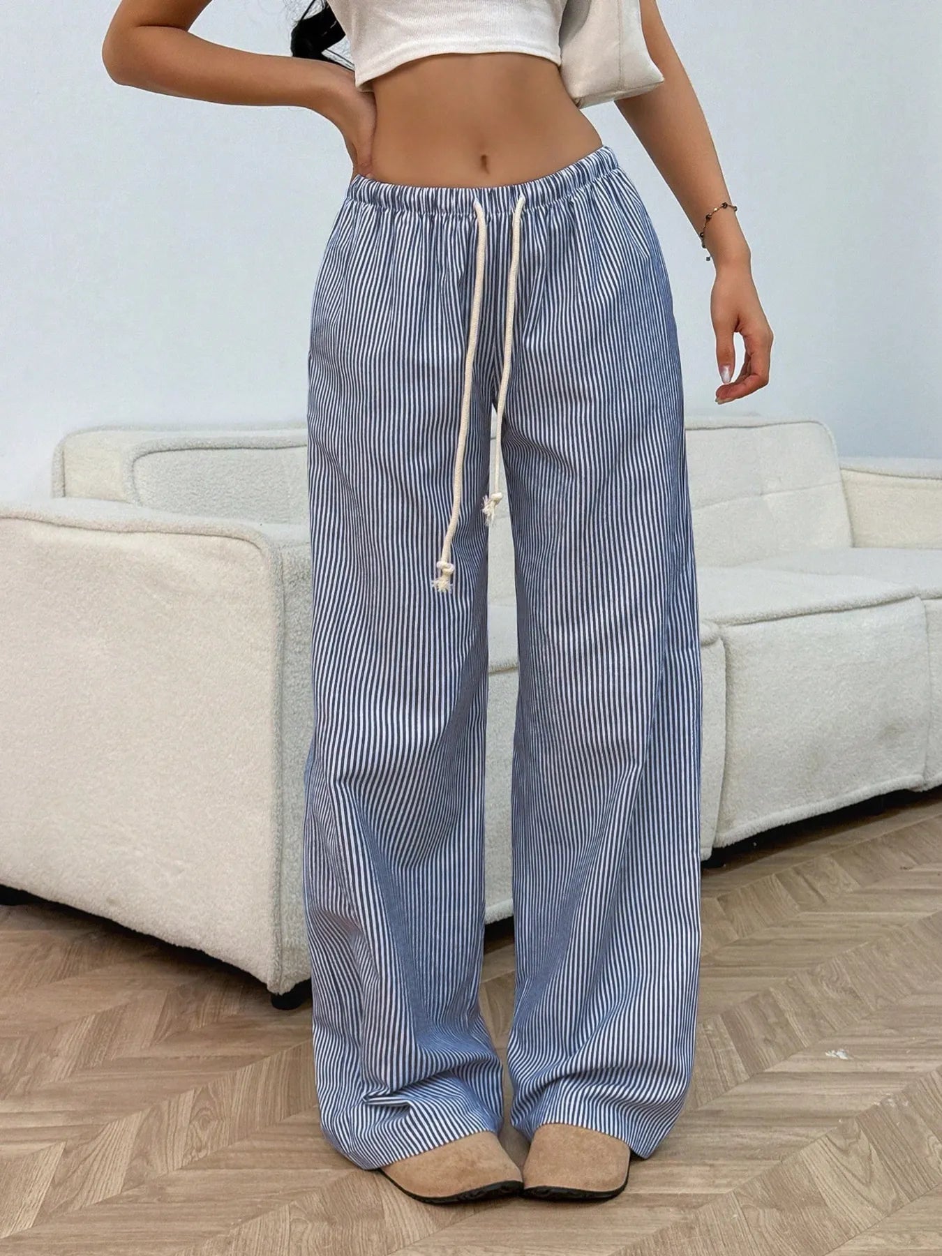 Drawstring Striped Wide Leg Pants