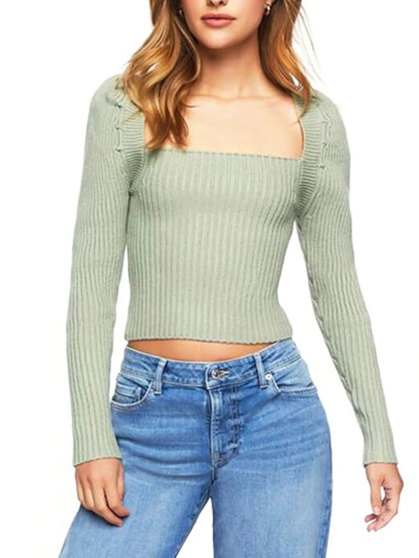 Ribbed Square Neck Long Sleeve Sweater