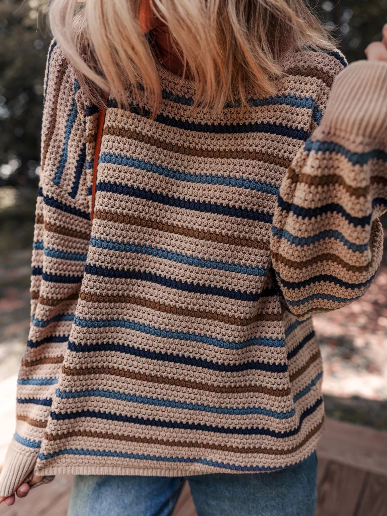 Multicolour Striped Knitted Drop Shoulder Round Neck Sweater