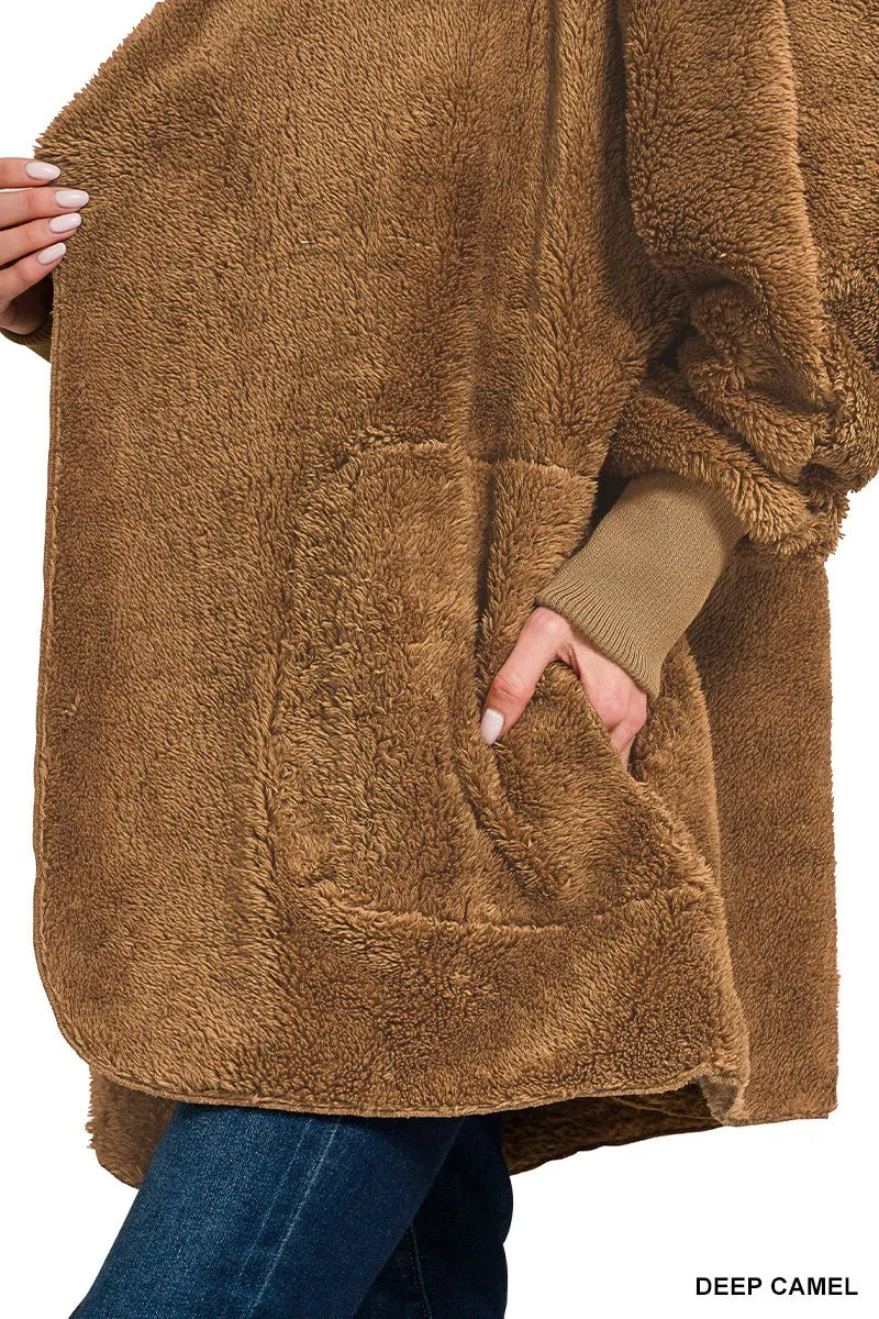 Zenana Hooded Faux Fur Jacket with Pockets