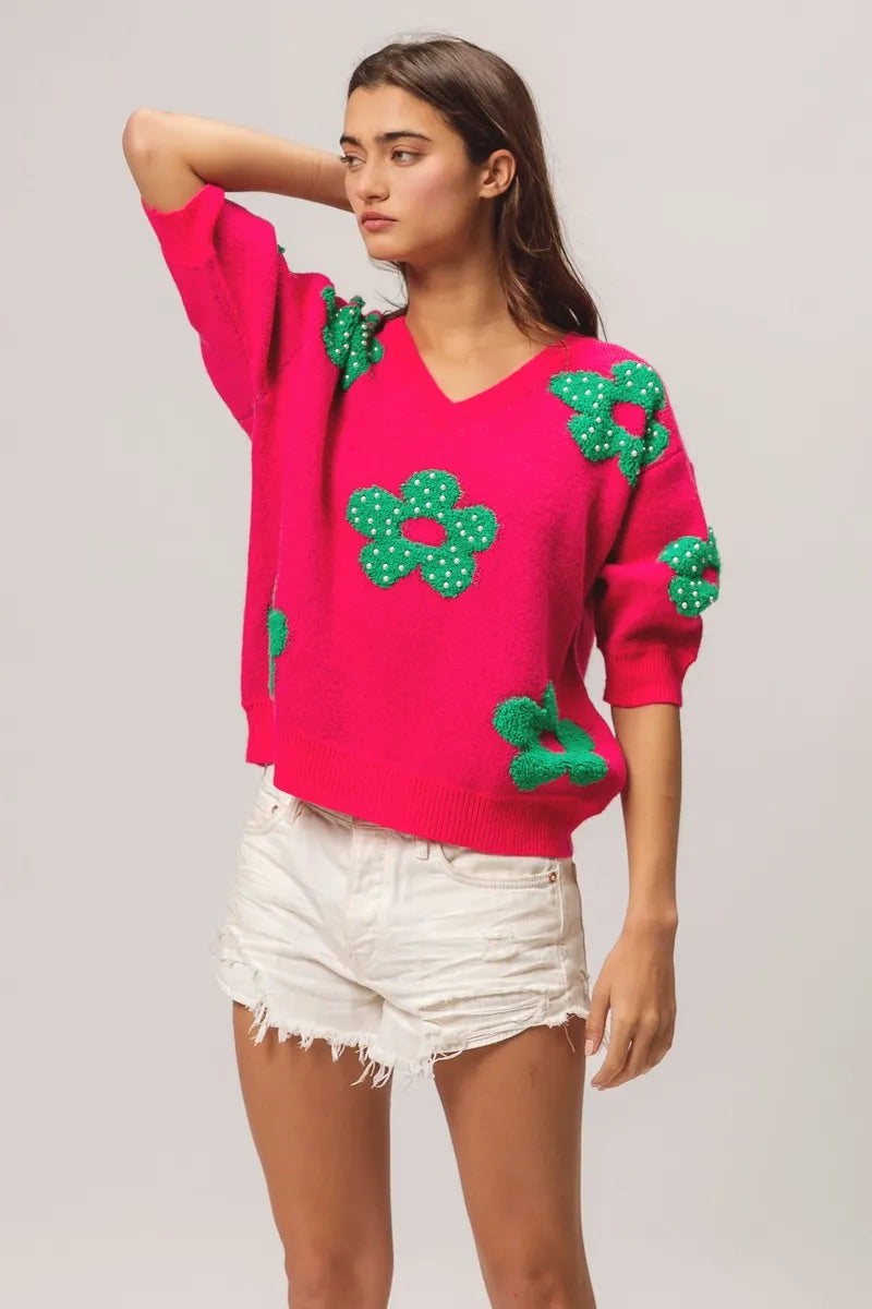 BiBi Pearl Beads Flowers Sweater Top