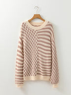 Stripe Checkerboard Drop Shoulder Balloon Sleeve Sweater