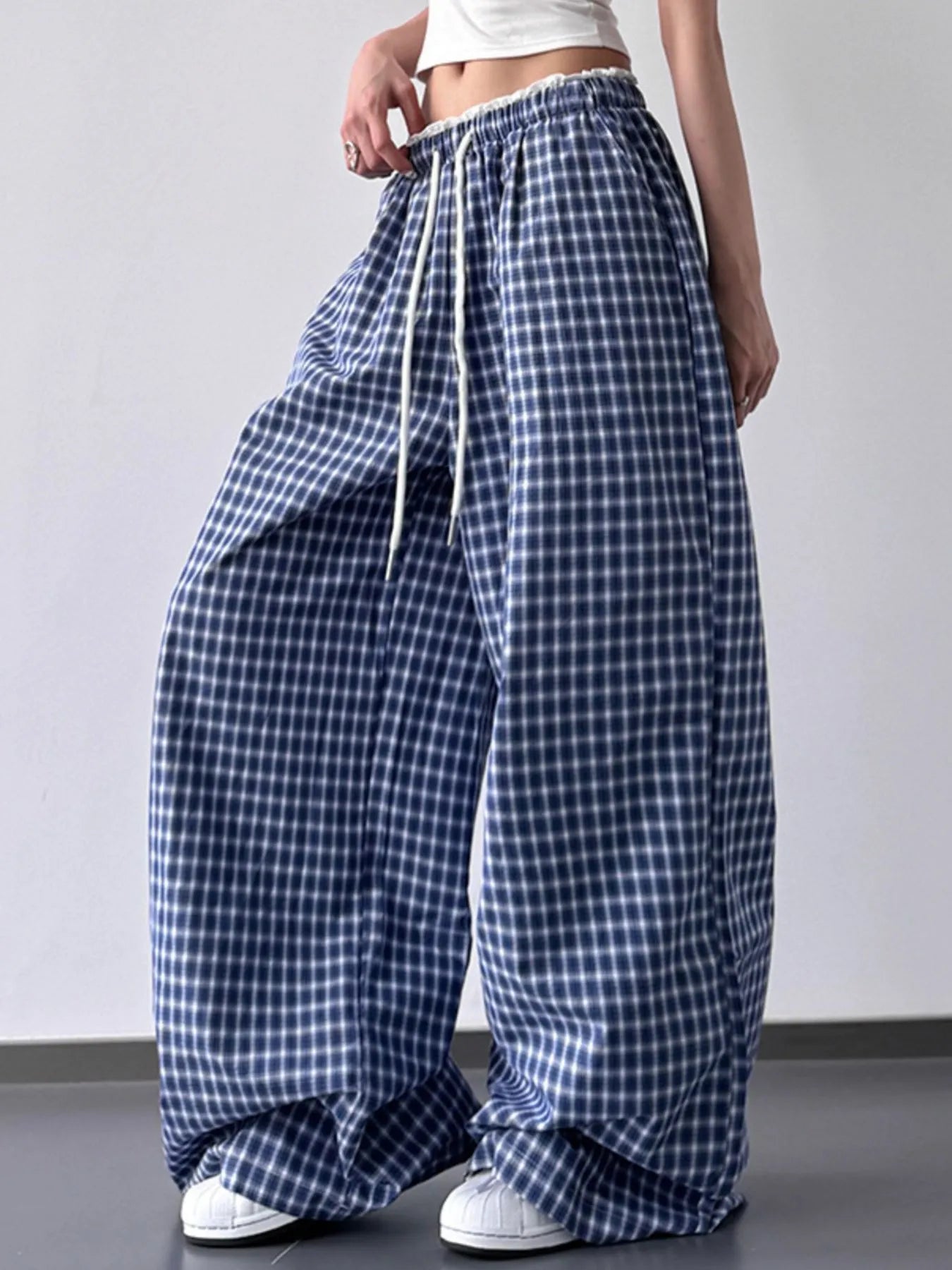 Drawstring Plaid Wide Leg Pants