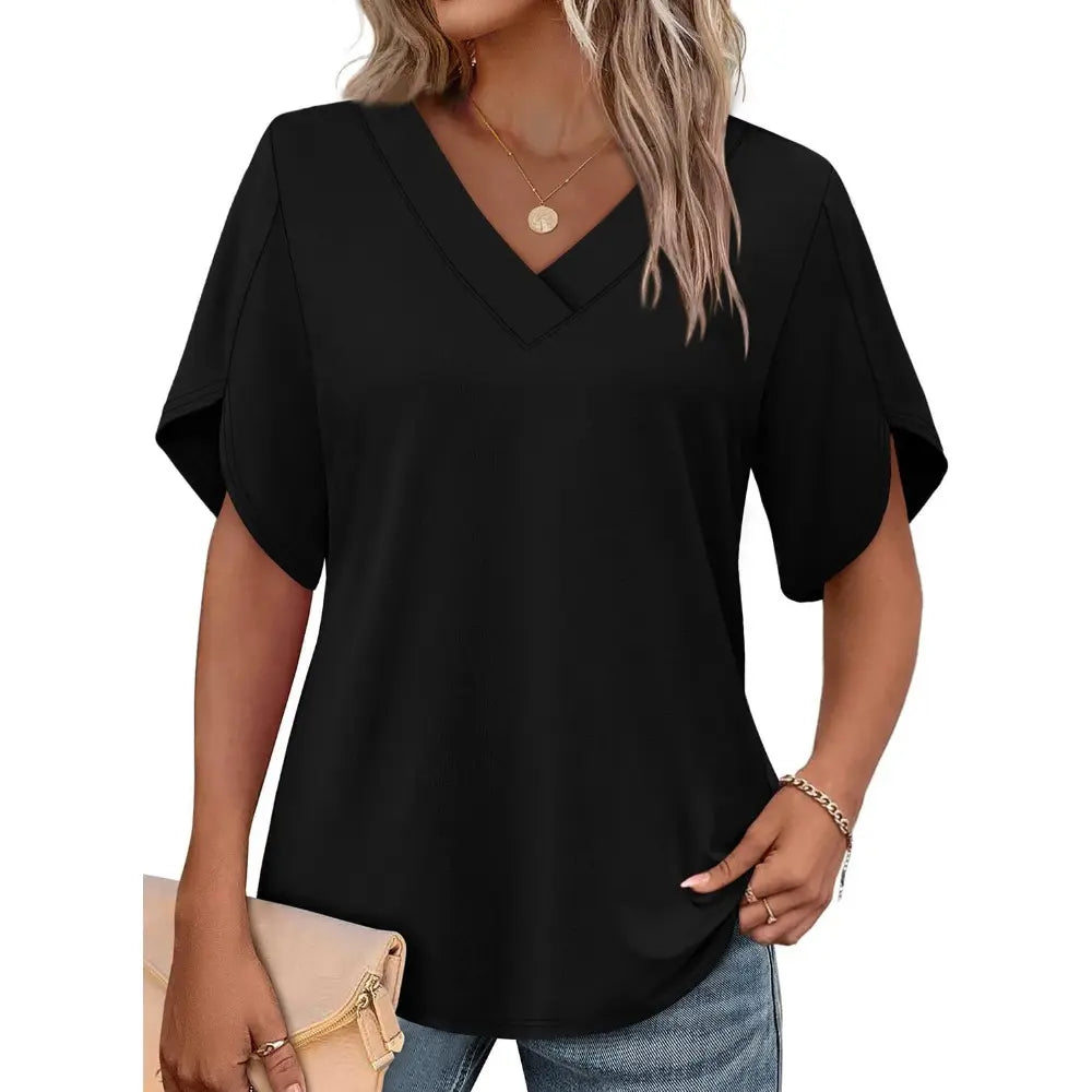 Womens Summer V-Neck Petal Sleeve Blouse Casual