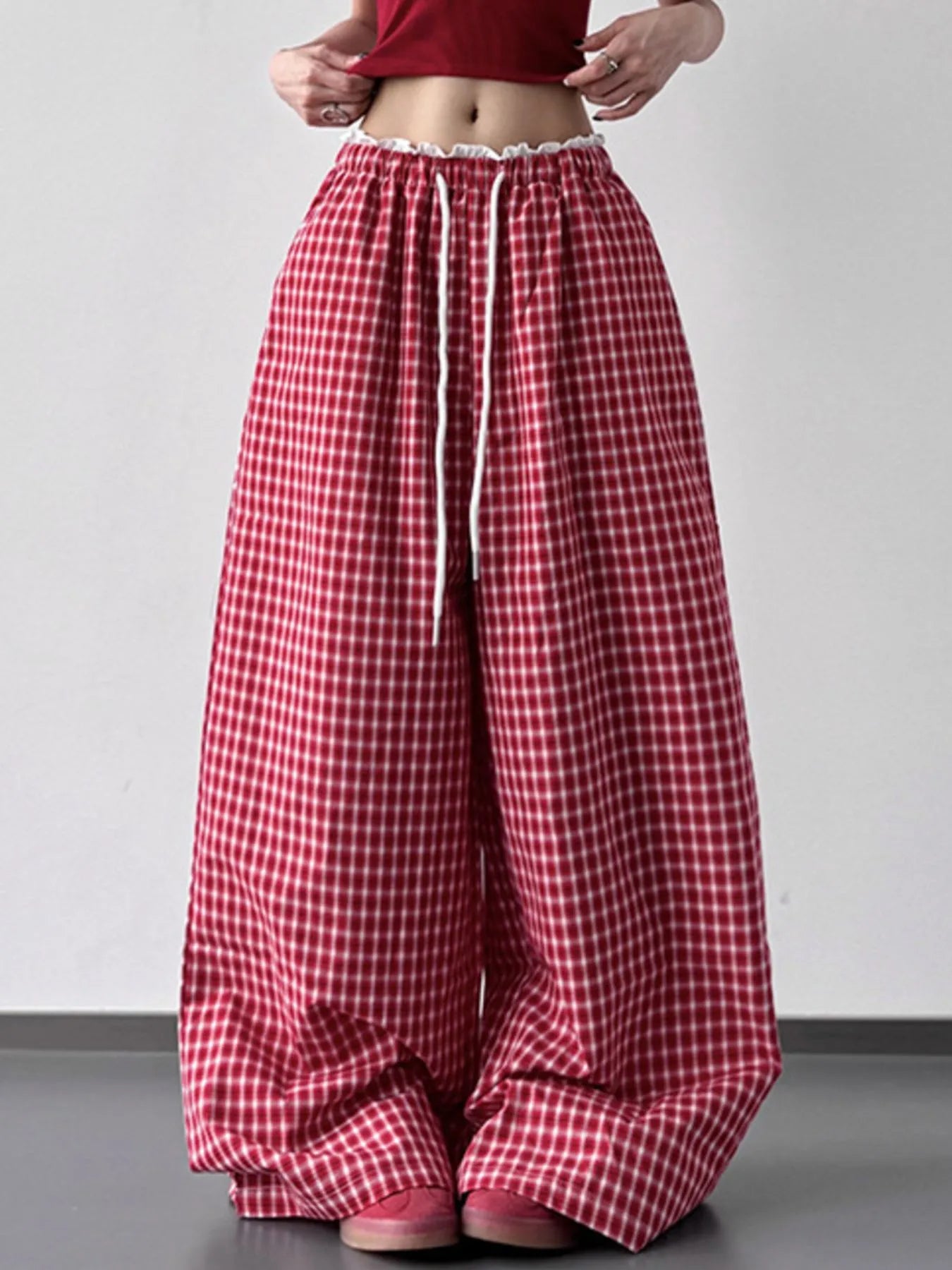 Drawstring Plaid Wide Leg Pants