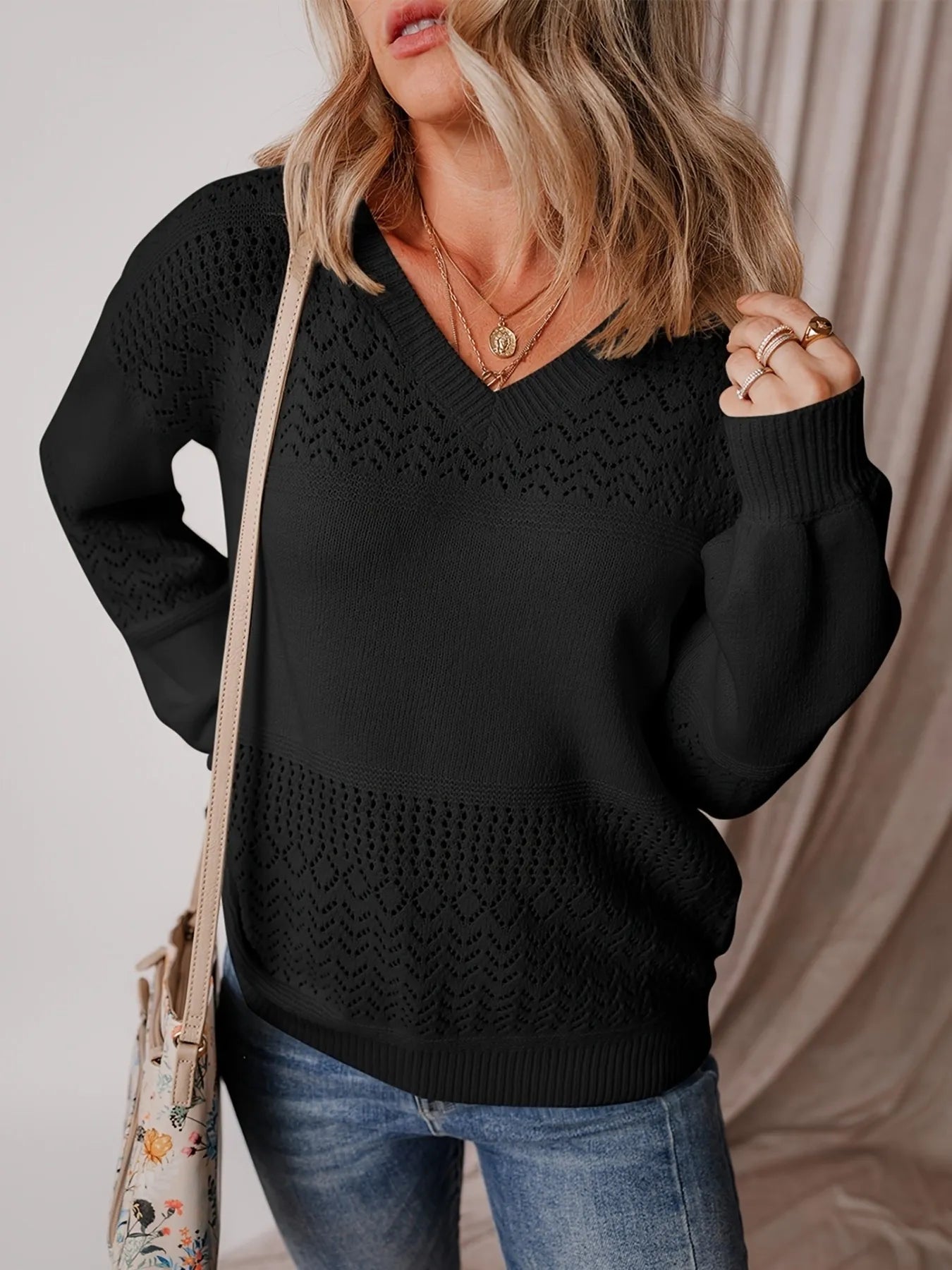 Eyelet Deatil V-Neck Long Sleeve Sweater