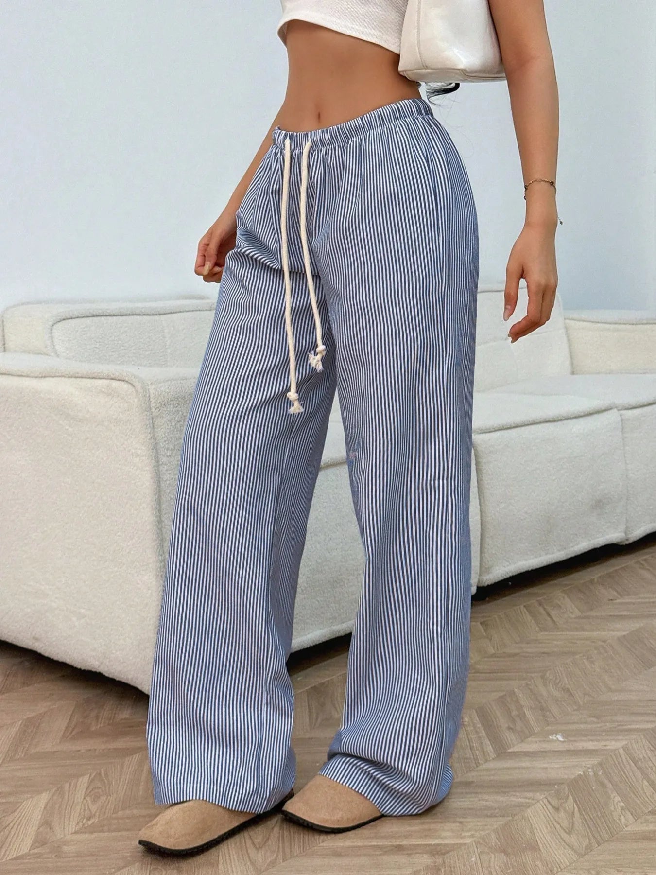 Drawstring Striped Wide Leg Pants