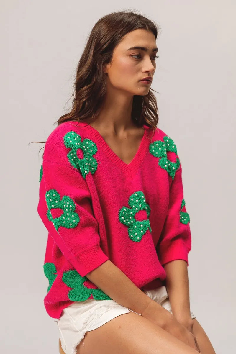 BiBi Pearl Beads Flowers Sweater Top