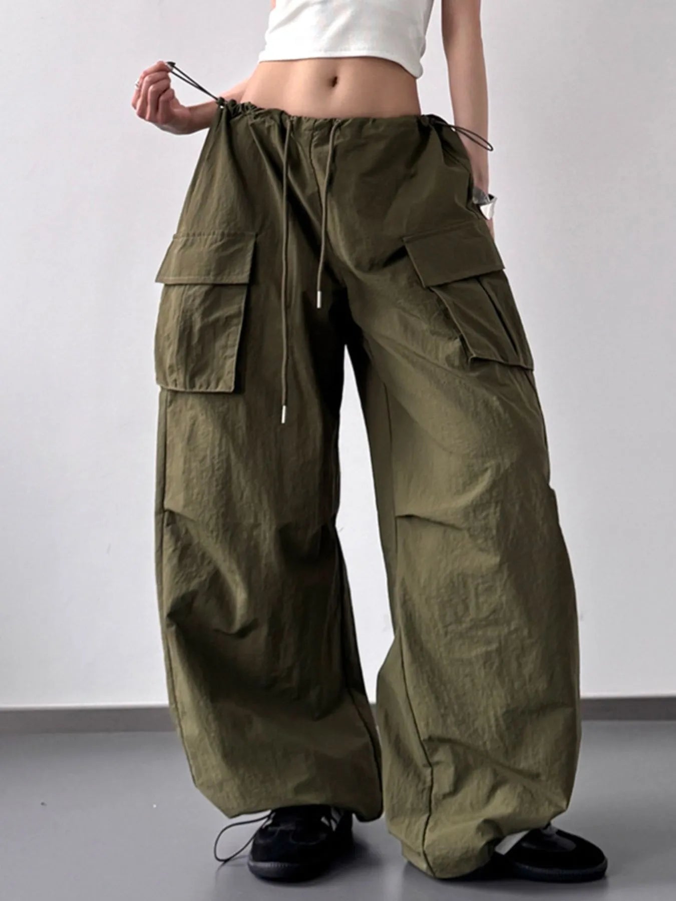 Drawstring Wide Leg Cargo Pants