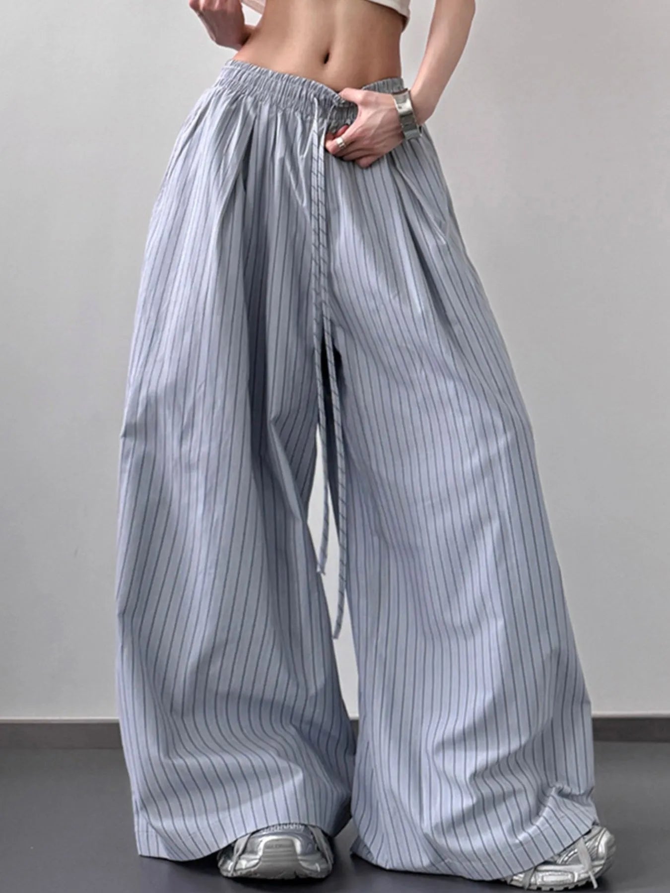 Striped Wide Leg Pants with Drawstring Waist