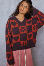 POL V-Neck Heart Pattern Checkered Sweater Oversized