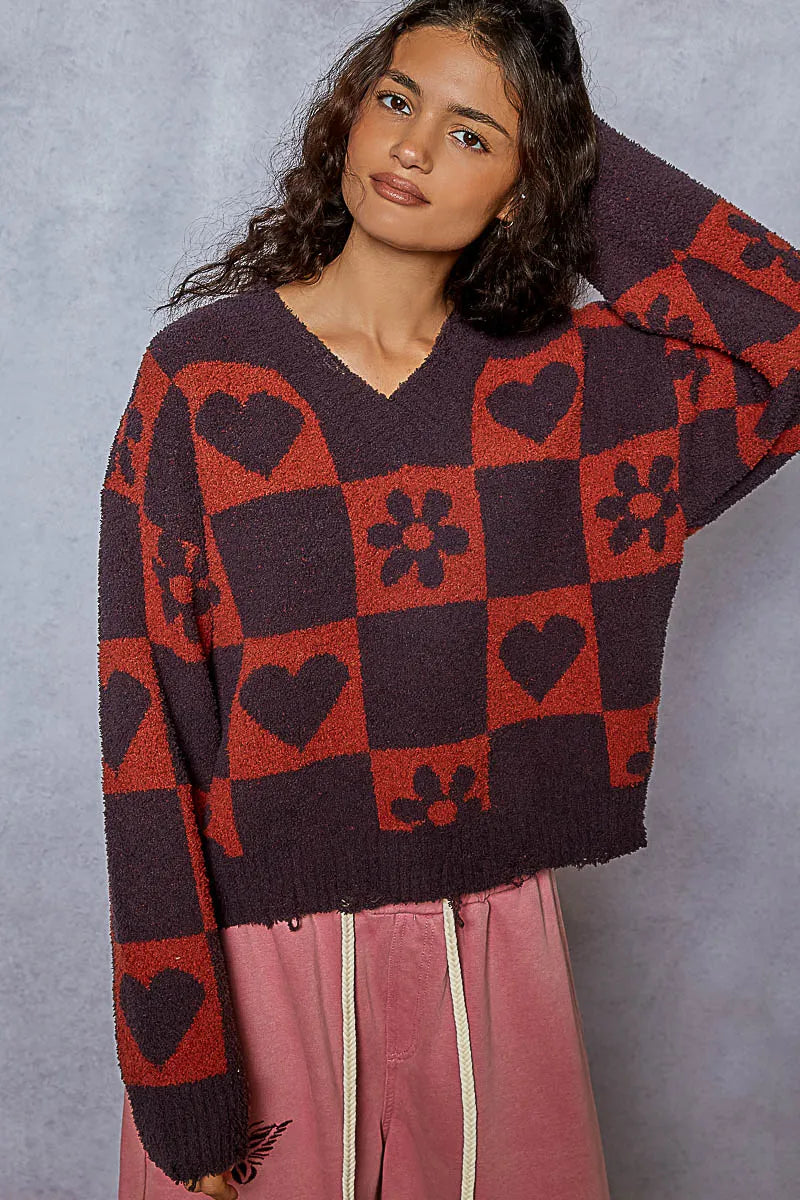 POL V-Neck Heart Pattern Checkered Sweater Oversized