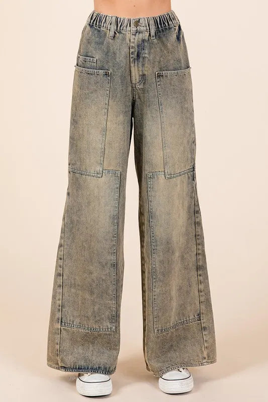 Mittoshop Washed Wide Leg Jeans with Pockets