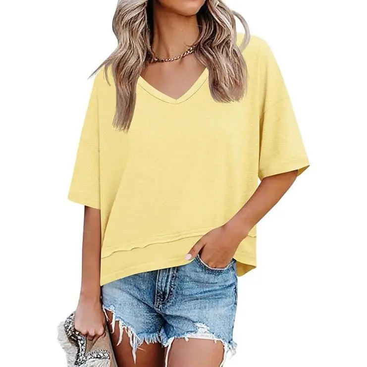 Oversize V-Neck Short Sleeve Casual Flowy Top